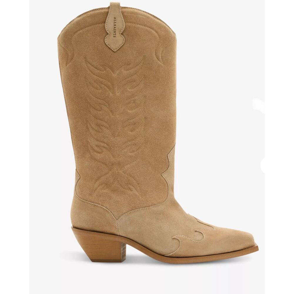AllSaints Dolly Western Knee High Suede Boots Oak Beige Size 10 NWT